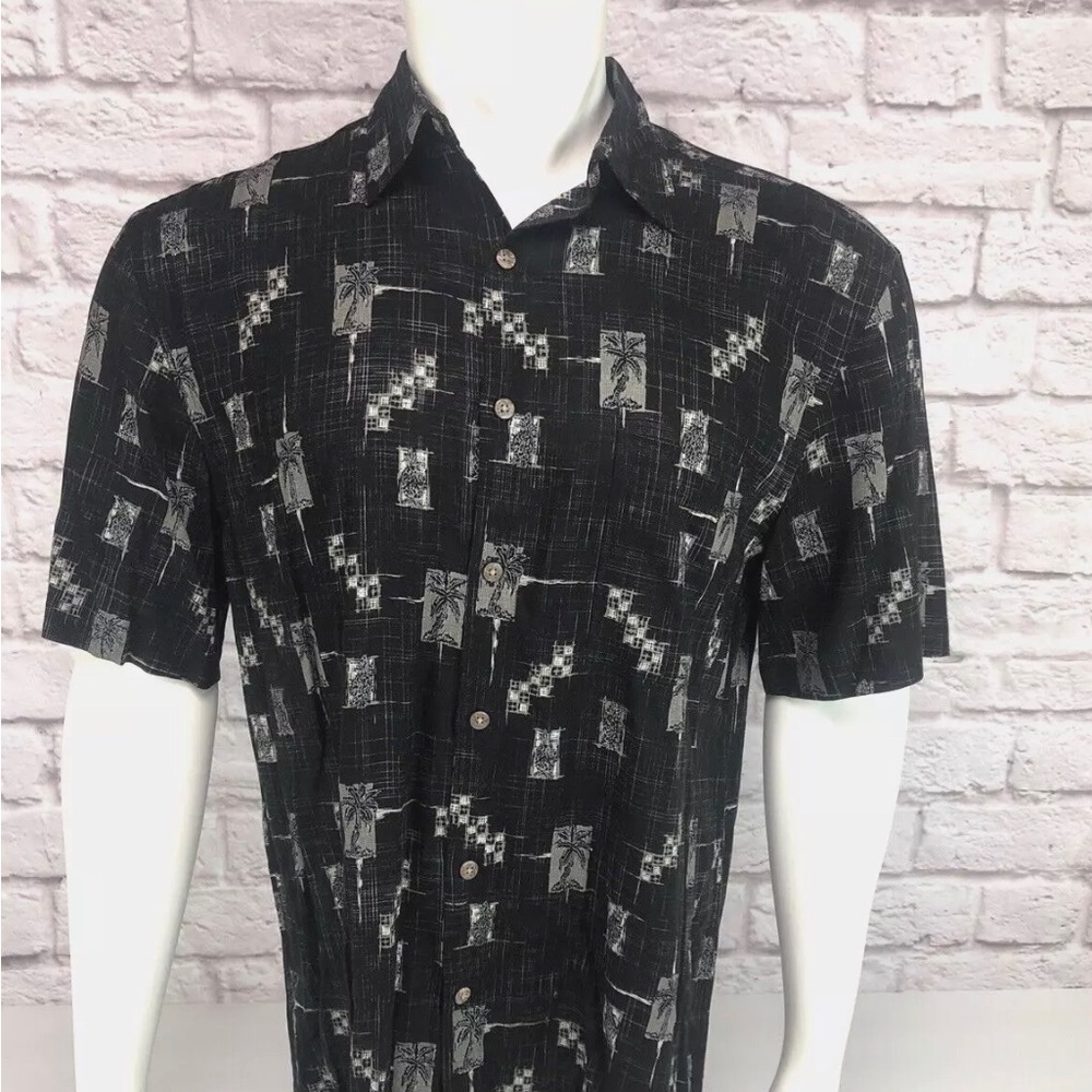 Island Shores Palm Tree Hawaiian Tropical Short Sleeve Rayon Button Down Size M